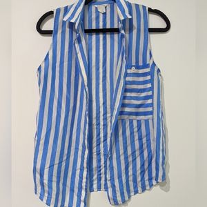 Blue and white striped sleeveless silk blouse